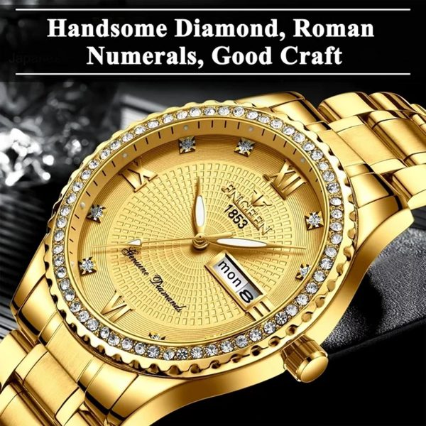 EEEkit Classic Diamond Gold Watches for Men, Stainless Steel Waterproof Dress Watch, Men's Quartz Analog Wristwatch - Image 2